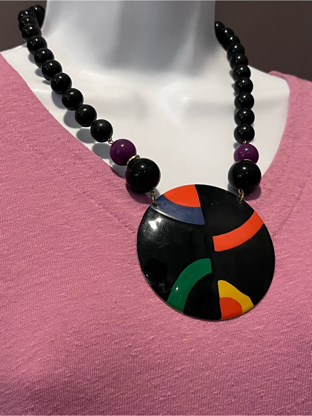 80s 90s Black Statement Pendant Necklace with Colorful Accents